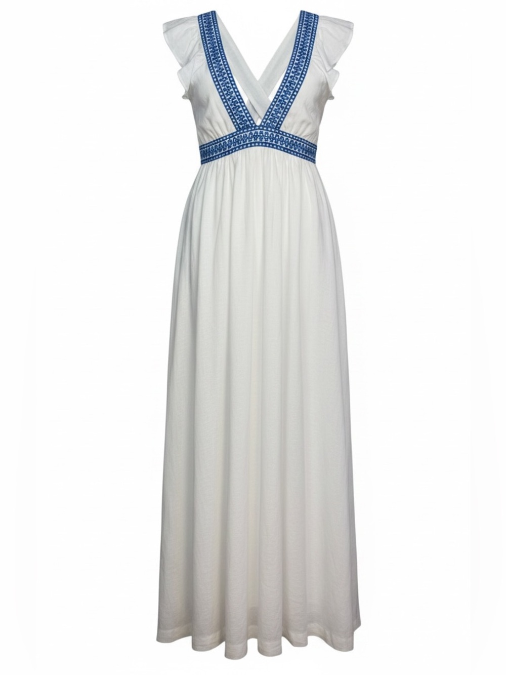 J. Crew Linen Blend White Coastal Maxi Dress with Blue Embroidery Ruffle Small